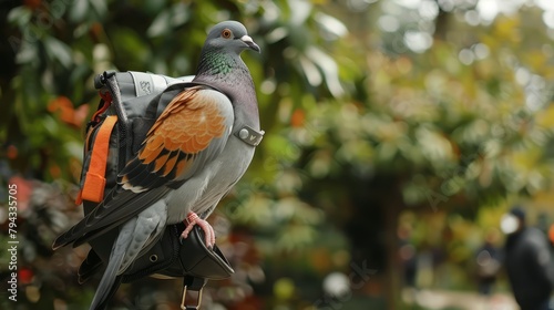 Trained pigeons wearing miniature backpacks fly preprogrammed routes, delivering tiny messages of friendship between zookeepers and their animal charges photo