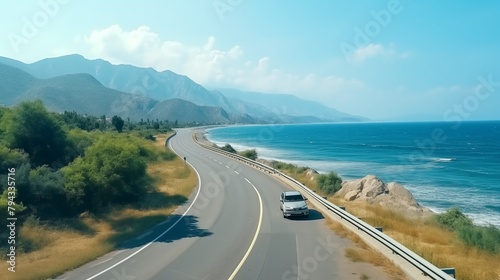 Fototapeta Naklejka Na Ścianę i Meble -  car driving on the road. road landscape in summer. it's nice to drive on the beach side highway. Highway view on the coast on the way to summer vacation. Turkey trip on beautiful travel road.