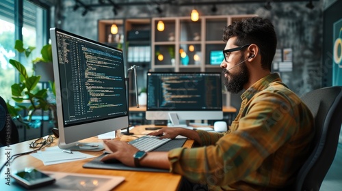 A software developer is engrossed in writing code on dual monitors, indicative of the concentration required in software engineering. AIG41