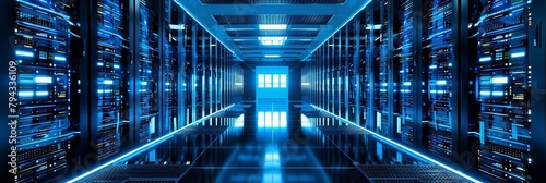 Wideangle view of a hightech server room with rows of servers and blue LED lights, reflecting the concept of big data storage and cloud computing