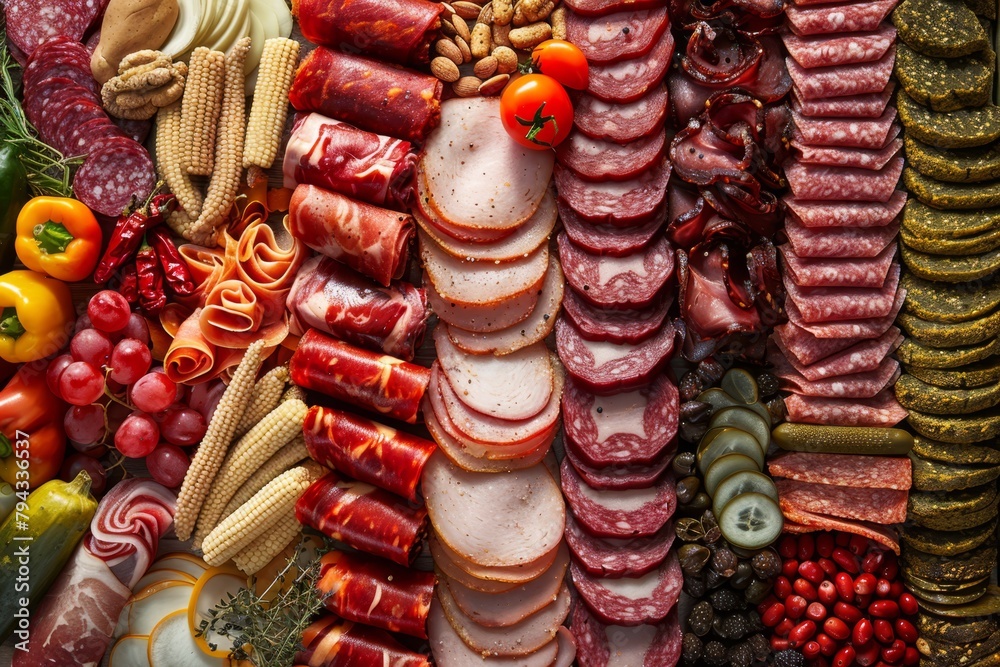a showcasing an assortment of processed meats, neatly arranged and presented, highlighting the variety and quality of processed meat products
