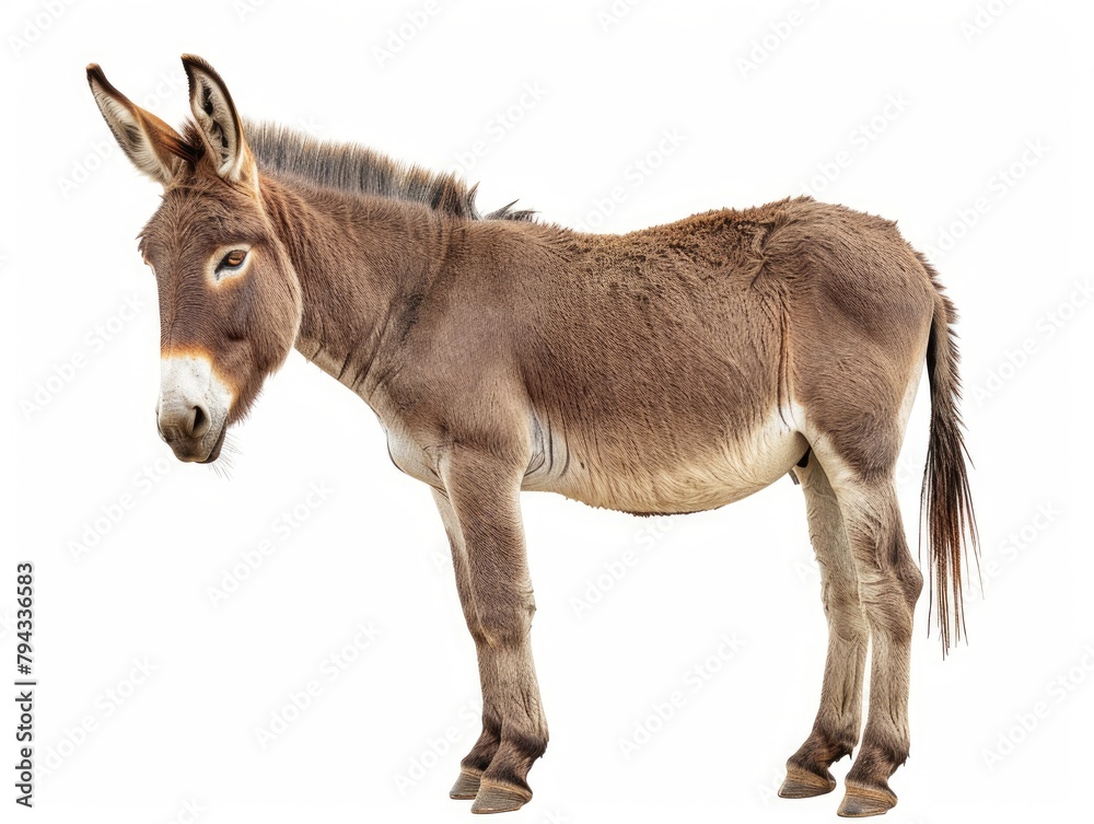 Donkey Isolated on White. Headstrong Farm Animal with Domestic Mammal Look, Standing Firm in Dun Donkey Isolated on White. Headstrong Farm Animal with Domestic Mammal Look, Standing Firm in Dun
