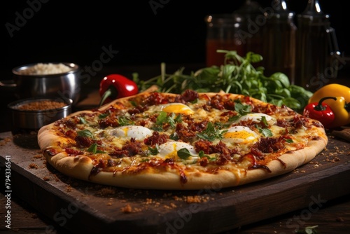 Breakfast pizza with eggs, bacon and cheese., generative IA