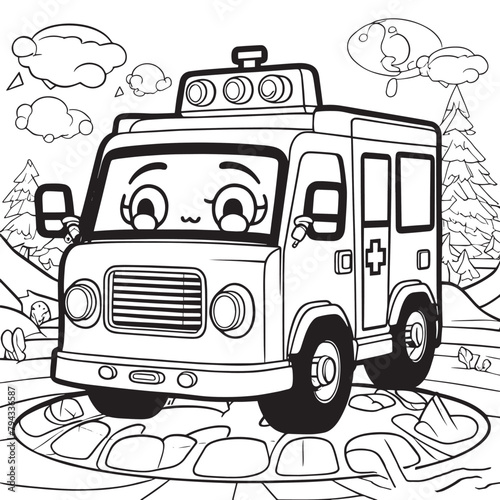 Coloring Page Outline Of cartoon ambulance. Professional transport. Colouring Book page for kids. outline vector illustration isolated on a white background