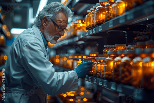 The pharmacist dispenses medication with precision and care, double-checking each dosage to prevent errors. Concept of medication dispensation and safety. Generative Ai.