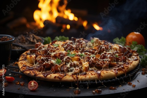 Barbecue pizza with grilled chicken and barbecue sauce in a rustic environment., generative IA