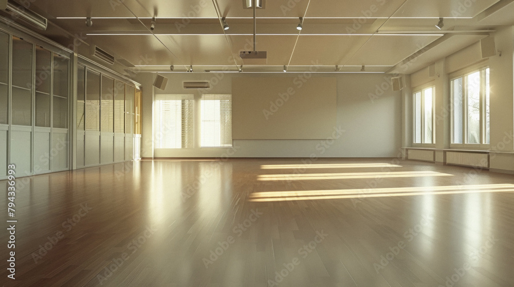 A large empty room with a white board on the wall