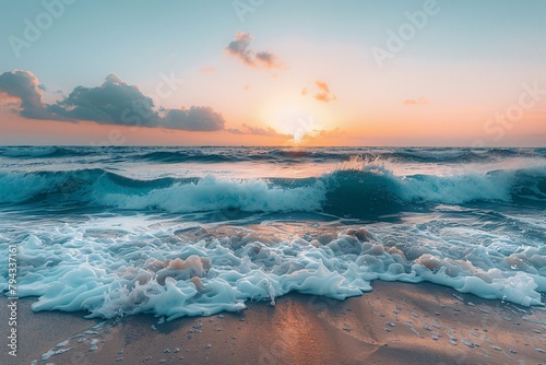 Golden sunrise over a vibrant sea with foamy waves crashing on a sandy beach. #794337161