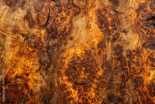 Exotic Aged Burl Amboyna Wood Strip Wallpaper Background for Decor Design with Grungy Dirty photo
