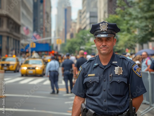 A police officer stands on a busy city street. He is wearing a blue uniform and a hat. There are several other people on the street, including a few pedestrians and a taxi cab. The scene is bustling photo