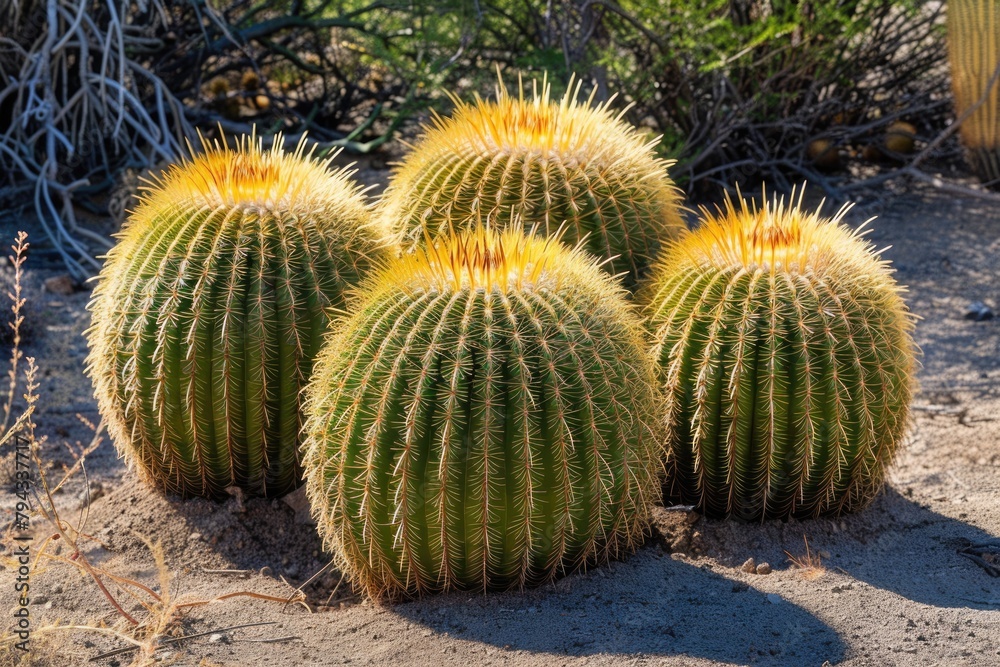 Beautiful Barrel Cactus Garden in Desert Botanic Background - Closeup of Cactaceae Botanical Group Beautiful Barrel Cactus Garden in Desert Botanic Background - Closeup of Cactaceae Botanical Group