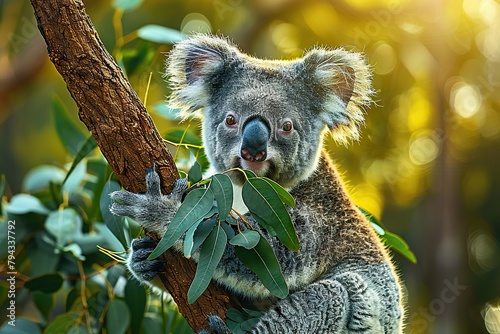A Graceful Koala Bear Captured in a Serene Moment, Sitting on a Tree Branch, Enjoying the Crunch of Fresh, Green Leaves