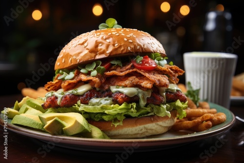 Chicken burger with avocado and yogurt sauce., generative IA