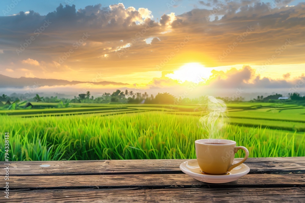Cup of coffee with smoke on wooden table Cup of coffee with smoke on wooden table