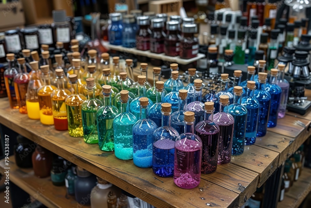 Close-up of organized, clean lab tools like beakers, test tubes, microscopes exhibit scientific precision with high detail Close-up of organized, clean lab tools like beakers, test tubes, microscopes exhibit scientific precision with high detail