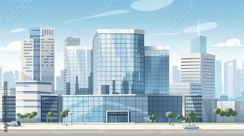 Stylized vector cityscape with modern buildings  car  and trees. Urban skyline illustration for background