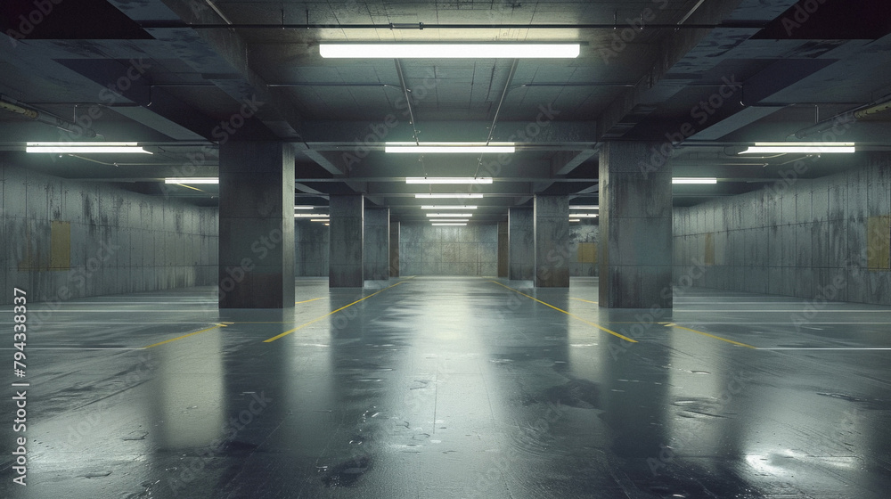 A large, empty parking garage with a lot of light