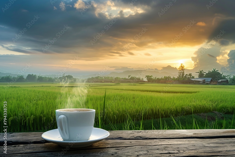 Cup of coffee with smoke on wooden table Cup of coffee with smoke on wooden table
