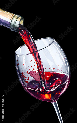 Pouring Liquid Luxury: Ultra-Realistic Red Wine Cascades from Bottle to Glass Against a Dramatic Black Backdrop, Immortalizing Essence of Fine Wine with Intricate Detailing in Hand-Drawn Style photo