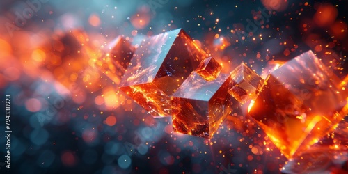 illustration of abstract geometric composition made of glowing cubes on black background