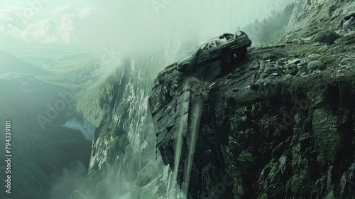 A car falls off a cliff in the mountains photo