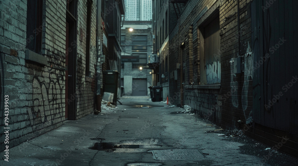 A dark alleyway with graffiti on the walls and a trash can in the middle