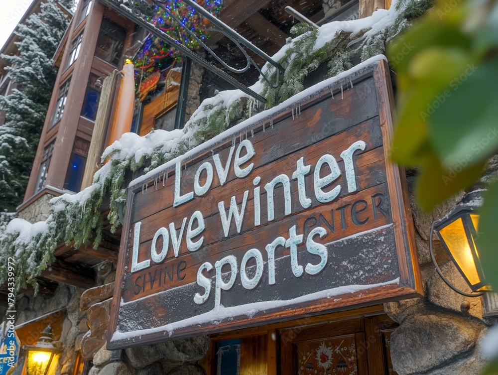 A sign that says Love Winter Sports. It is snowing outside