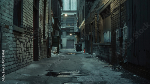 A dark alleyway with graffiti on the walls and a trash can in the middle