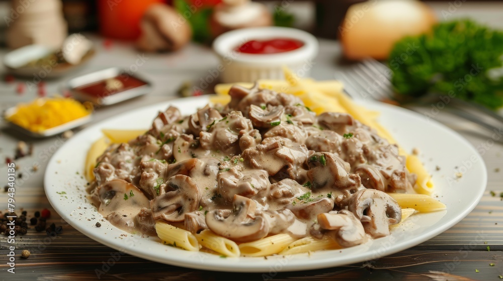 Promotional photo of beef stroganoff with mushrooms.