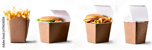 Set of fast food boxes, delivery advertisement mockups. Sandwiches, coffee cups, hamburgers and fries. Isolated on transparent PNG background photo