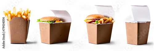 Set of fast food boxes, delivery advertisement mockups. Sandwiches, coffee cups, hamburgers and fries. Isolated on transparent PNG background