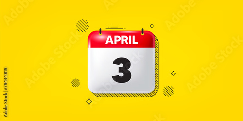 Calendar date of April 3d icon. 3rd day of the month icon. Event schedule date. Meeting appointment time. 3rd day of April. Calendar month date banner. Day or Monthly page. Vector