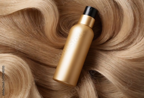 Top view of golden bottle of cosmetic product on blonde curls. Hair coloring and salon professional care. Ai generation