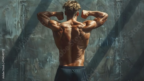 Rear view of a man flexing muscles with a strong shadow on a dark wall background. Concept Strength, Muscle Flexing, Silhouette Photography, Dark Backgrounds, Fitness Achievements