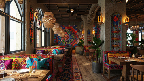 A restaurant with colorful walls and furniture © Art AI Gallery