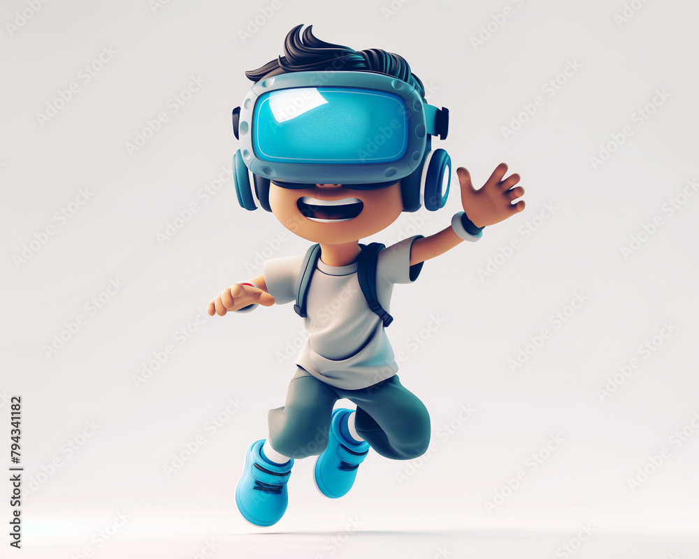 3D illustration of a boy wearing a virtual reality headset and headphones, jumping in the air with joy