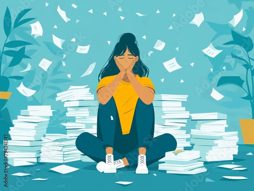 A woman sits on the floor surrounded by piles of paper. She is crying and she is overwhelmed by the amount of work she has to do. Concept of stress and anxiety