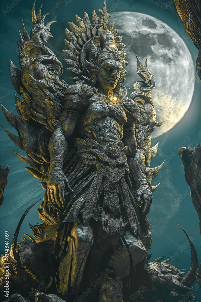 A full-body render of the Hindu God, Vishnu, with his vyuhas and vyuha manifestations, standing on a lotus pedestal, with a moon in the background.