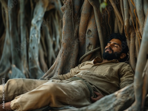 A man is sleeping in a tree. The man is wearing a brown shirt and tan pants. The tree is large and has many branches photo