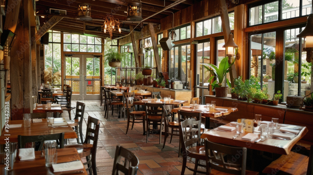 Fototapeta premium A restaurant with a lot of tables and chairs