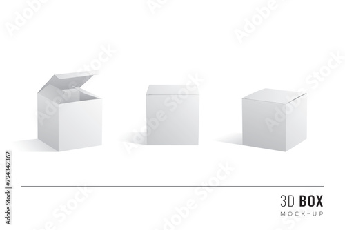 Packaging Cube Box 3D Mockups Set of Isometric Open Closed and Frontal View Blank Templates - White Realistic Boxes with Shadows on Similar Background - Gradient Graphic Design