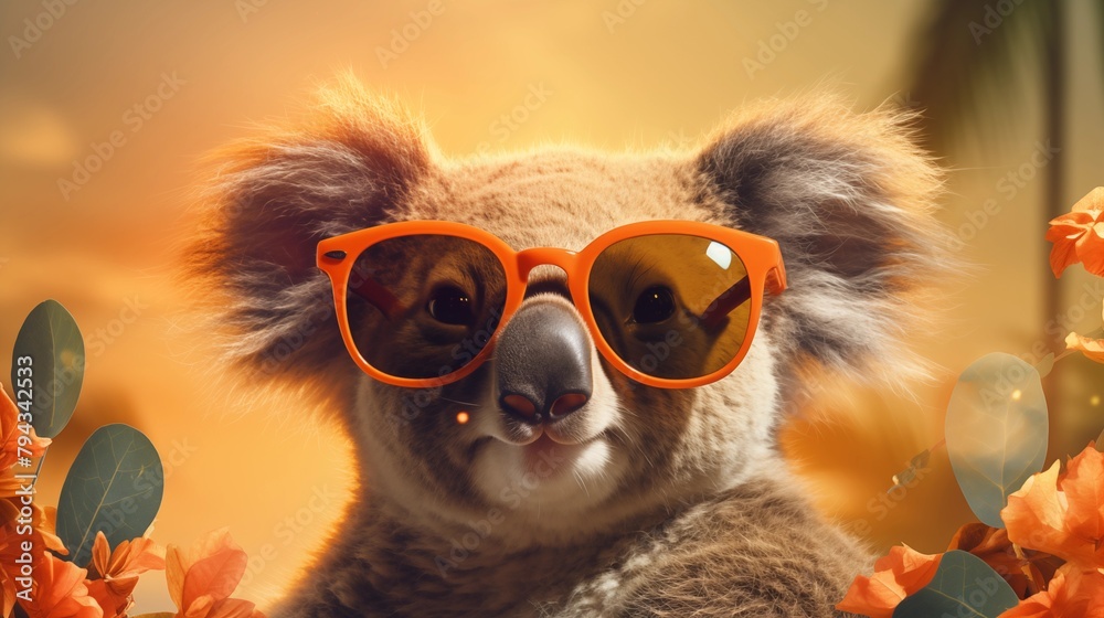 cute koala wearing summer sunglasses, summer background.