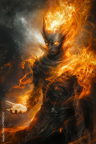 A muscular man made of orange fire with black eyes and black veins. He is wearing a black shirt with a black cape and has a serious look on his face.