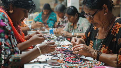 A group of women are sitting at a table making jewelry photo