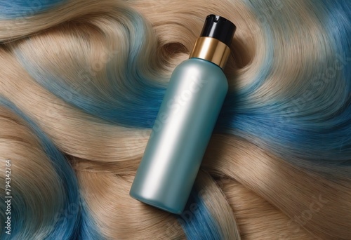 Top view of golden bottle of cosmetic product on blonde-blue curls. Hair coloring and salon professional care. Ai generation