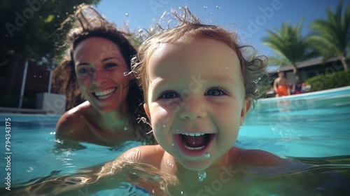 Cute smiling baby and mom having fun swimming and diving in the pool at the resort on summer vacation. Activities and sports to happy kid, family, holiday.