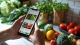 Person Holding Cell Phone in Front of Table Full of Vegetables