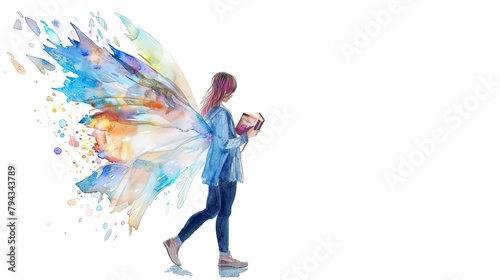 Woman reading a book with fairy wings on white background. © Wander