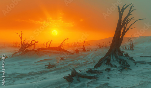 desert with dead trees against a dramatic red moon rise photo