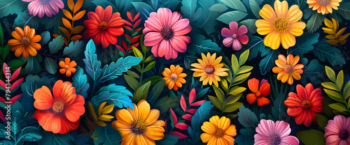 A vibrant pattern of colorful flowers and foliage  perfect for spring and summer-themed designs and backgrounds.